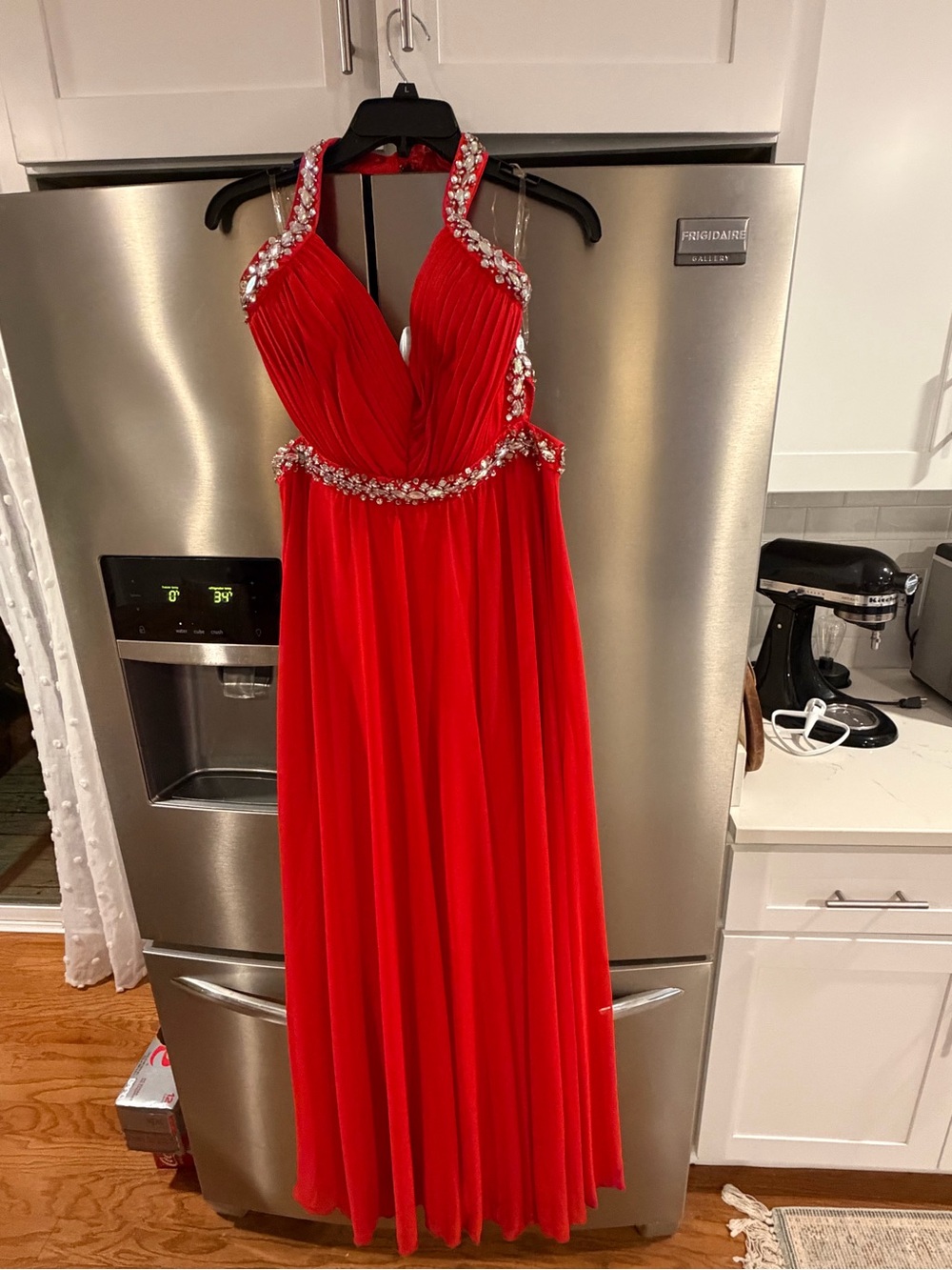 Sequin Hearts Red Halter Prom Gown with Crystal Trim